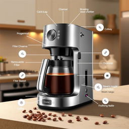 An intricate and detailed illustration of coffee maker parts, showcasing a variety of components including a sleek stainless steel brewing chamber, a glass carafe filled with freshly brewed coffee, a programmable control panel with illuminated buttons, a filter basket with a removable filter, and a steam nozzle for frothing milk