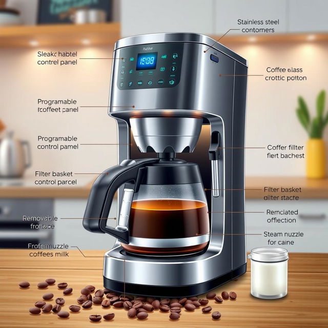 An intricate and detailed illustration of coffee maker parts, showcasing a variety of components including a sleek stainless steel brewing chamber, a glass carafe filled with freshly brewed coffee, a programmable control panel with illuminated buttons, a filter basket with a removable filter, and a steam nozzle for frothing milk