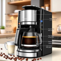 An intricate and detailed illustration of coffee maker parts, showcasing a variety of components including a sleek stainless steel brewing chamber, a glass carafe filled with freshly brewed coffee, a programmable control panel with illuminated buttons, a filter basket with a removable filter, and a steam nozzle for frothing milk