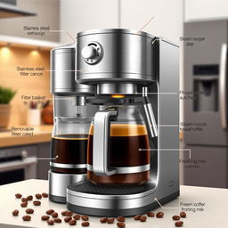 An intricate and detailed illustration of coffee maker parts, showcasing a variety of components including a sleek stainless steel brewing chamber, a glass carafe filled with freshly brewed coffee, a programmable control panel with illuminated buttons, a filter basket with a removable filter, and a steam nozzle for frothing milk