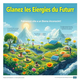 Create a vibrant and engaging poster titled 'Glanez les Énergies du Futur : Palmerez votre Vie dans un Biome Solaire et Conscient'