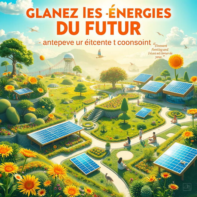 Create a vibrant and engaging poster titled 'Glanez les Énergies du Futur : Palmerez votre Vie dans un Biome Solaire et Conscient'