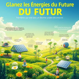 Create a vibrant and engaging poster titled 'Glanez les Énergies du Futur : Palmerez votre Vie dans un Biome Solaire et Conscient'