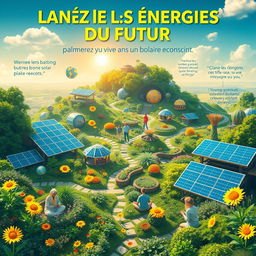 Create a vibrant and engaging poster titled 'Glanez les Énergies du Futur : Palmerez votre Vie dans un Biome Solaire et Conscient'