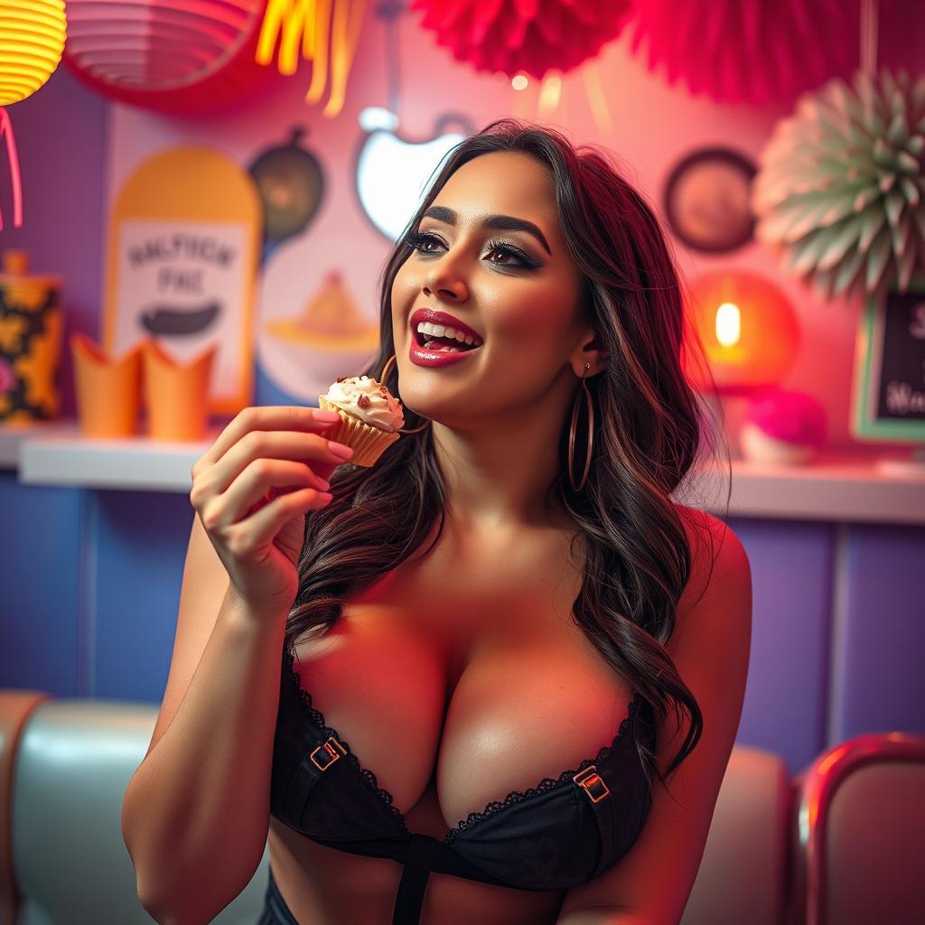 A voluptuous woman with striking features and sultry looks, playfully enjoying a delicacy, her expression one of delight and indulgence