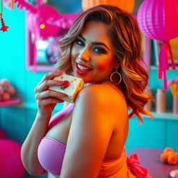 A voluptuous woman with striking features and sultry looks, playfully enjoying a delicacy, her expression one of delight and indulgence