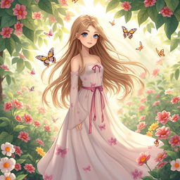 An enchanting illustration of a young woman with flowing long hair, dressed in a flowing pastel-colored dress adorned with floral patterns