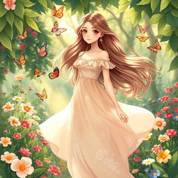An enchanting illustration of a young woman with flowing long hair, dressed in a flowing pastel-colored dress adorned with floral patterns
