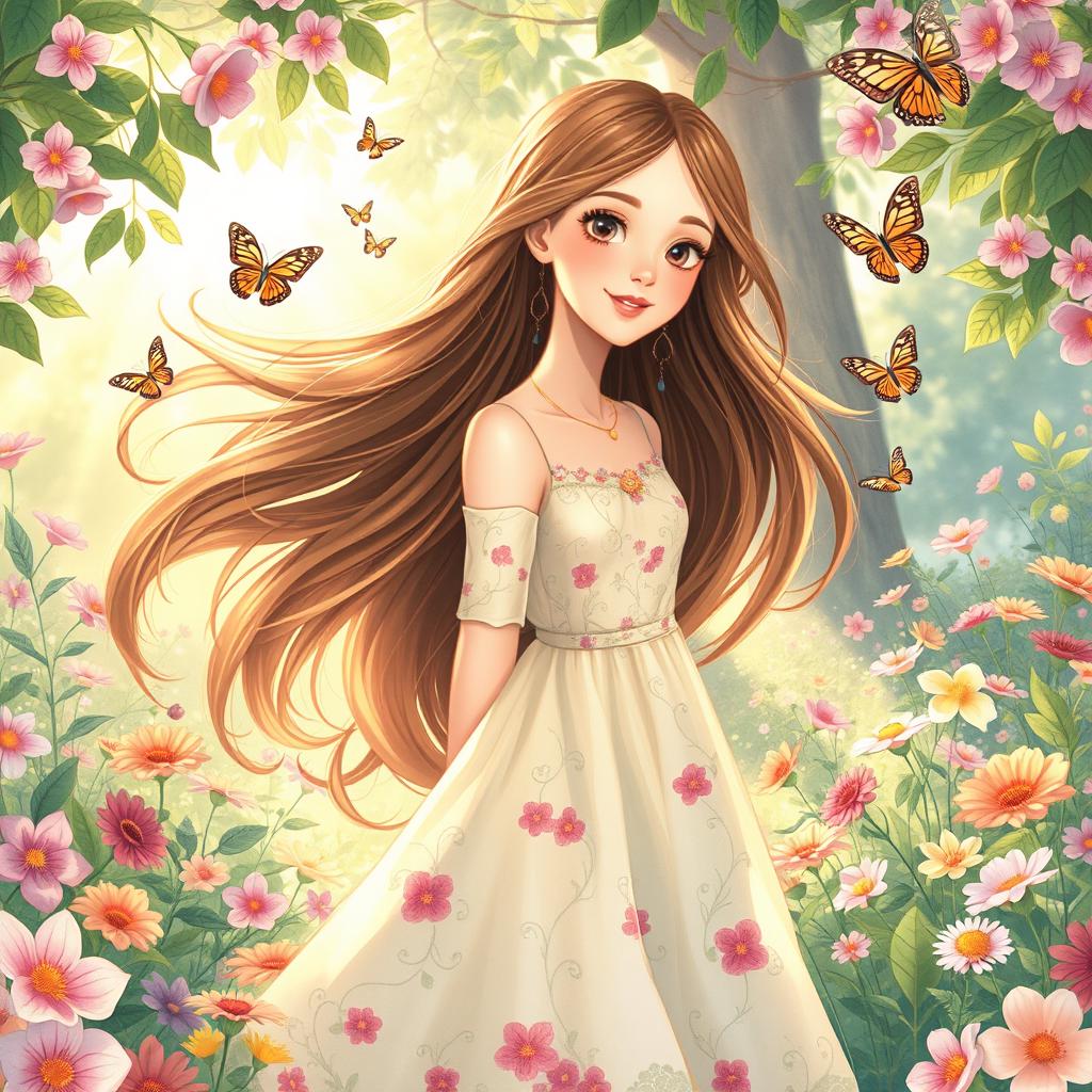 An enchanting illustration of a young woman with flowing long hair, dressed in a flowing pastel-colored dress adorned with floral patterns