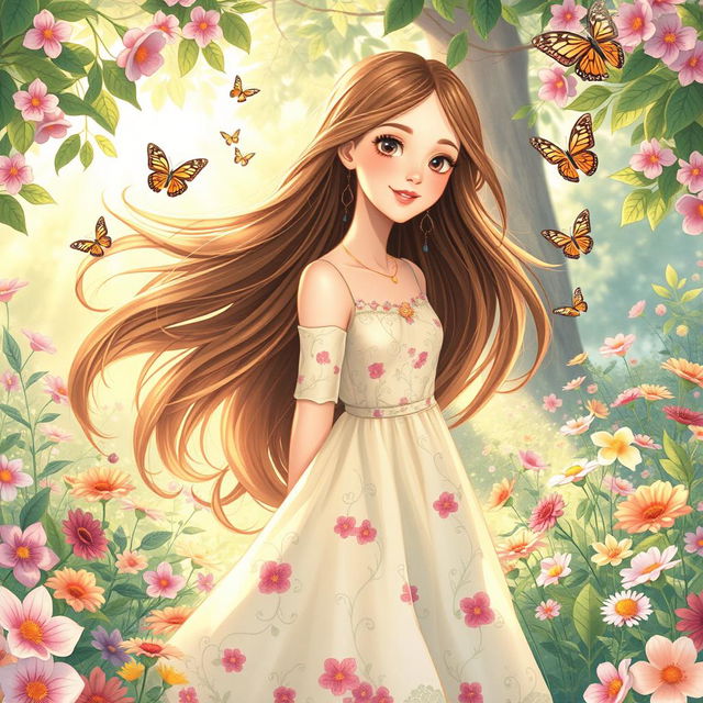 An enchanting illustration of a young woman with flowing long hair, dressed in a flowing pastel-colored dress adorned with floral patterns