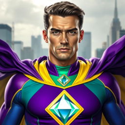 A close-up portrait of a superhero wearing a vibrant costume featuring a large diamond emblem in the center of the chest