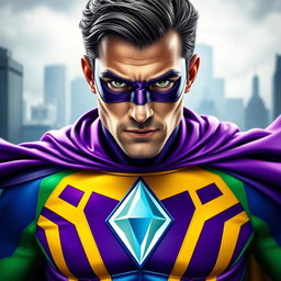 A close-up portrait of a superhero wearing a vibrant costume featuring a large diamond emblem in the center of the chest