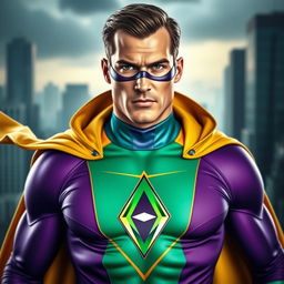 A close-up portrait of a superhero wearing a vibrant costume featuring a large diamond emblem in the center of the chest