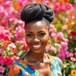 A beautiful black woman with stunning features, showcasing her natural hair in an elegant hairstyle