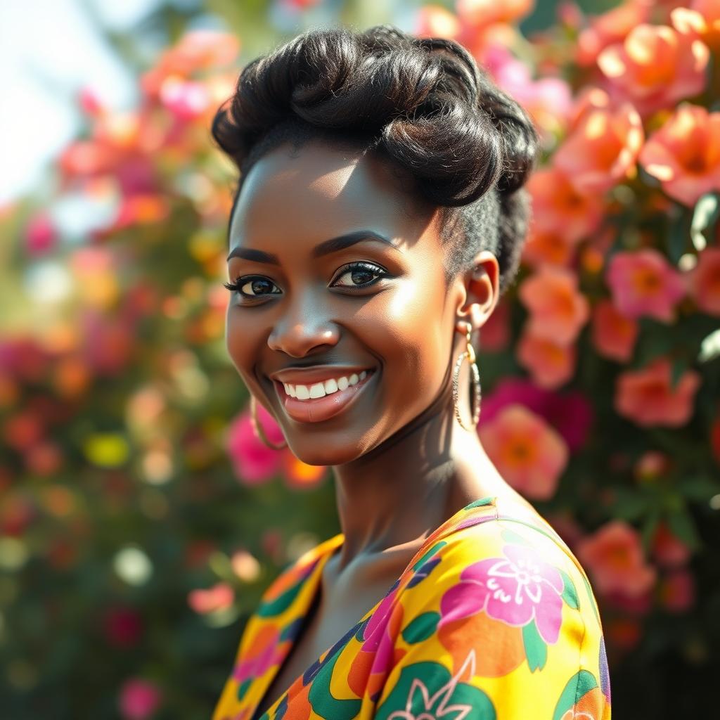 A beautiful black woman with stunning features, showcasing her natural hair in an elegant hairstyle