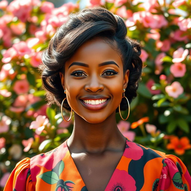 A beautiful black woman with stunning features, showcasing her natural hair in an elegant hairstyle