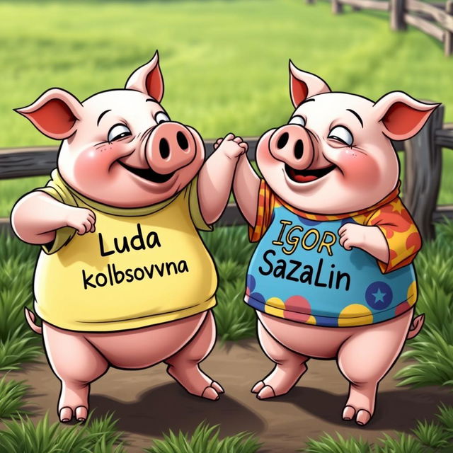 A humorous scene depicting two chubby cartoon pigs playfully fighting each other