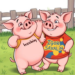 A humorous scene depicting two chubby cartoon pigs playfully fighting each other