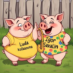 A humorous scene depicting two chubby cartoon pigs playfully fighting each other