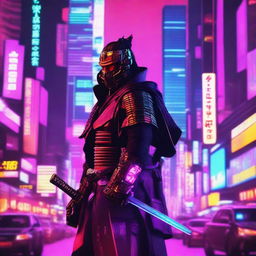 A high-quality digital art piece featuring a samurai in a cyberpunk setting