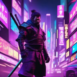 A high-quality digital art piece featuring a samurai in a cyberpunk setting