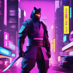 A high-quality digital art piece featuring a samurai in a cyberpunk setting