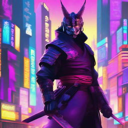 A high-quality digital art piece featuring a samurai in a cyberpunk setting