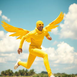 A man in an all-yellow outfit, including a bright yellow mask, is energetically running