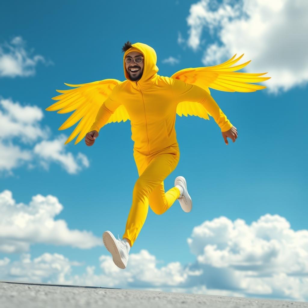 A man in an all-yellow outfit, including a bright yellow mask, is energetically running