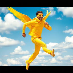A man in an all-yellow outfit, including a bright yellow mask, is energetically running
