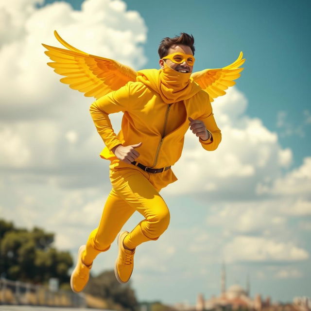 A man in an all-yellow outfit, including a bright yellow mask, is energetically running