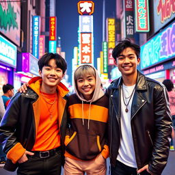 A vibrant and dynamic scene featuring Namjoon from BTS, Banchan from STRAY KIDS, and Cristian Yu from DPR