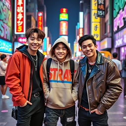A vibrant and dynamic scene featuring Namjoon from BTS, Banchan from STRAY KIDS, and Cristian Yu from DPR