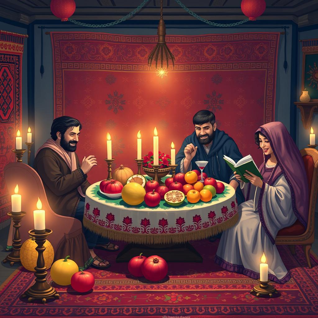 A vibrant and festive scene depicting Shabe Yalda, the traditional Iranian celebration of the winter solstice