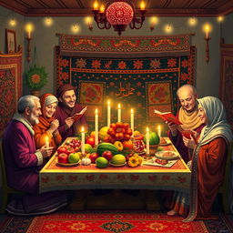 A vibrant and festive scene depicting Shabe Yalda, the traditional Iranian celebration of the winter solstice