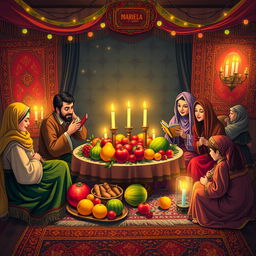 A vibrant and festive scene depicting Shabe Yalda, the traditional Iranian celebration of the winter solstice