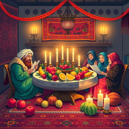 A vibrant and festive scene depicting Shabe Yalda, the traditional Iranian celebration of the winter solstice
