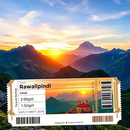A scenic ticket design for a journey from Rawalpindi to Gilgit in Pakistan, featuring beautiful landscapes such as the majestic mountains of the Himalayas and lush green valleys