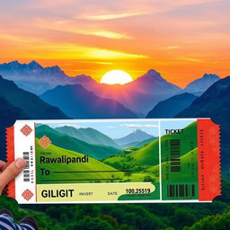 A scenic ticket design for a journey from Rawalpindi to Gilgit in Pakistan, featuring beautiful landscapes such as the majestic mountains of the Himalayas and lush green valleys
