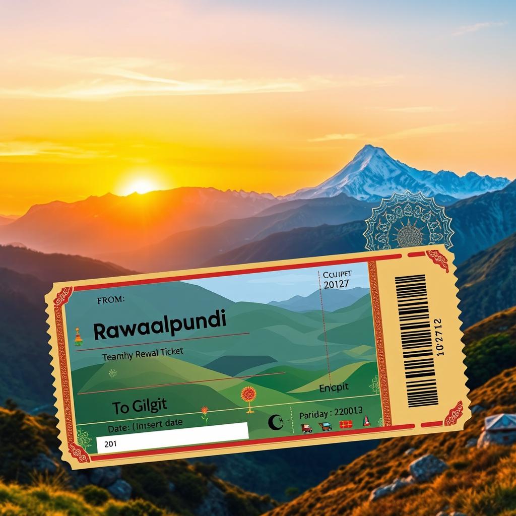 A scenic ticket design for a journey from Rawalpindi to Gilgit in Pakistan, featuring beautiful landscapes such as the majestic mountains of the Himalayas and lush green valleys