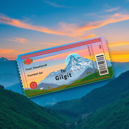 A scenic ticket design for a journey from Rawalpindi to Gilgit in Pakistan, featuring beautiful landscapes such as the majestic mountains of the Himalayas and lush green valleys