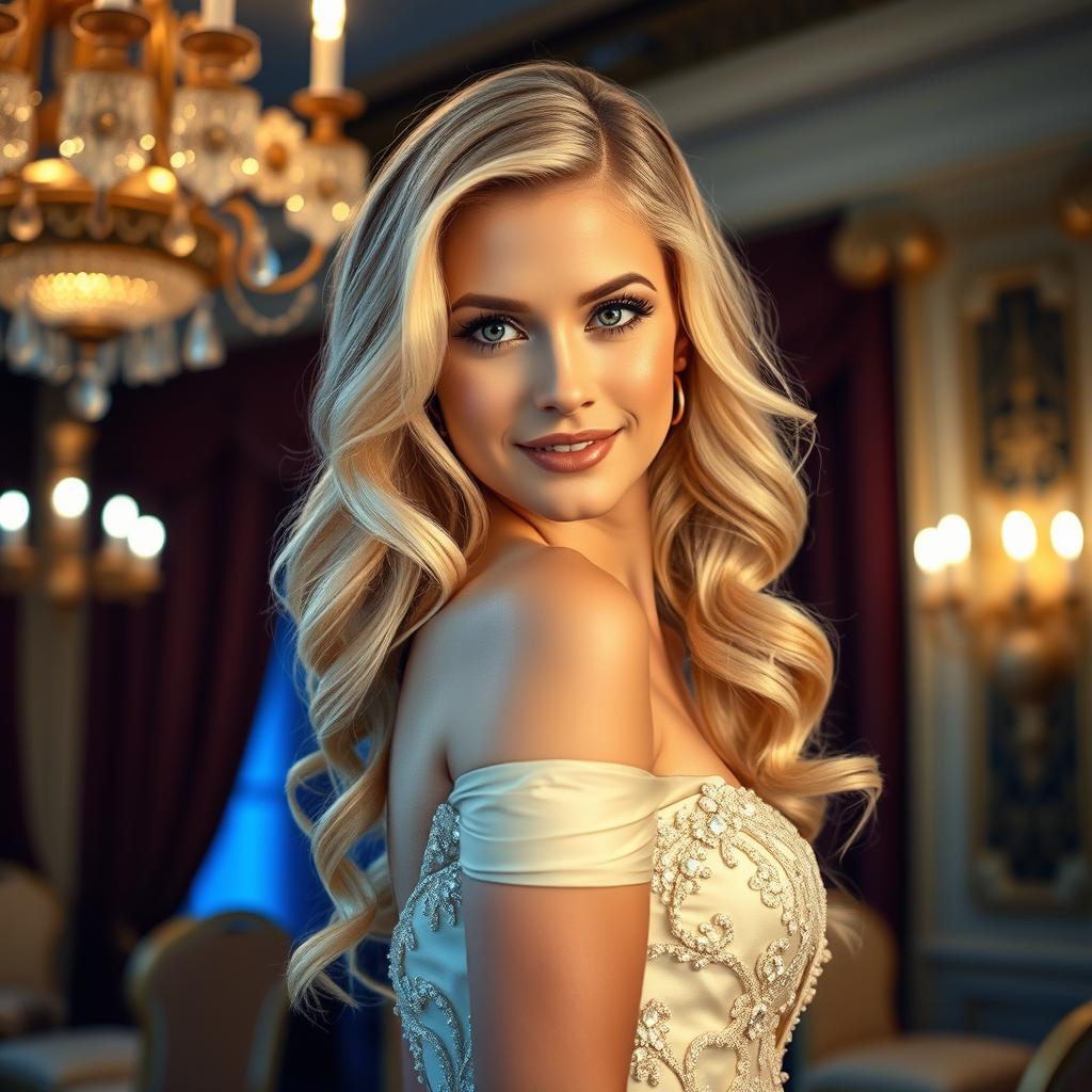 A stunning, beautiful blonde woman exuding confidence and allure, styled elegantly in a charming gown