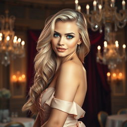 A stunning, beautiful blonde woman exuding confidence and allure, styled elegantly in a charming gown