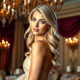 A stunning, beautiful blonde woman exuding confidence and allure, styled elegantly in a charming gown