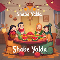 A whimsical and cute illustration of Shabe Yalda, featuring a cozy scene with a family gathered around a beautifully decorated table filled with traditional Yalda fruits such as pomegranates and watermelons