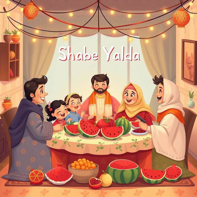 A whimsical and cute illustration of Shabe Yalda, featuring a cozy scene with a family gathered around a beautifully decorated table filled with traditional Yalda fruits such as pomegranates and watermelons