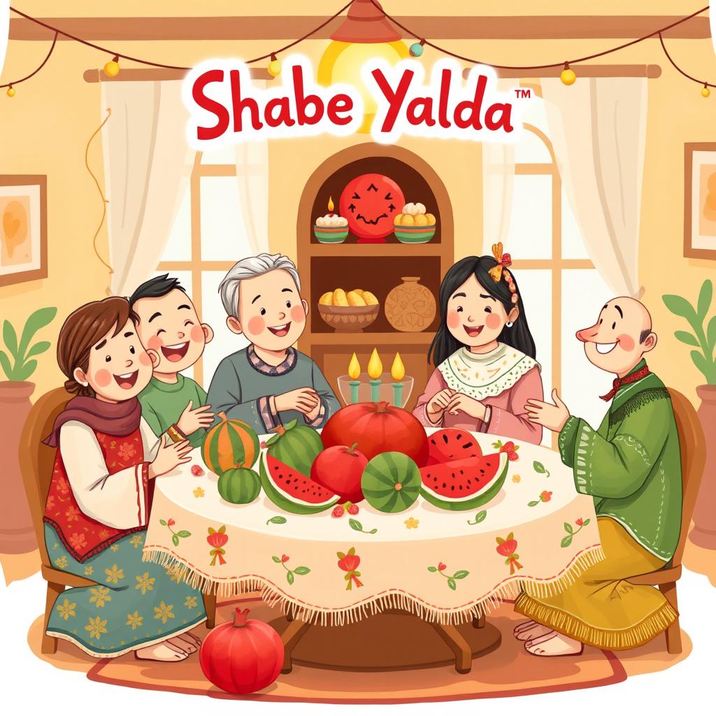 A whimsical and cute illustration of Shabe Yalda, featuring a cozy scene with a family gathered around a beautifully decorated table filled with traditional Yalda fruits such as pomegranates and watermelons