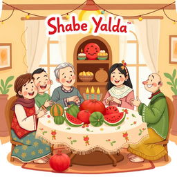 A whimsical and cute illustration of Shabe Yalda, featuring a cozy scene with a family gathered around a beautifully decorated table filled with traditional Yalda fruits such as pomegranates and watermelons