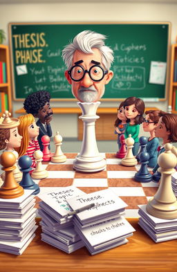A whimsical chess game scene featuring a chessboard where the pieces are represented by a teacher as a king, students of both sexes as pawns and knights, and several theses symbolizing the bishops and rooks