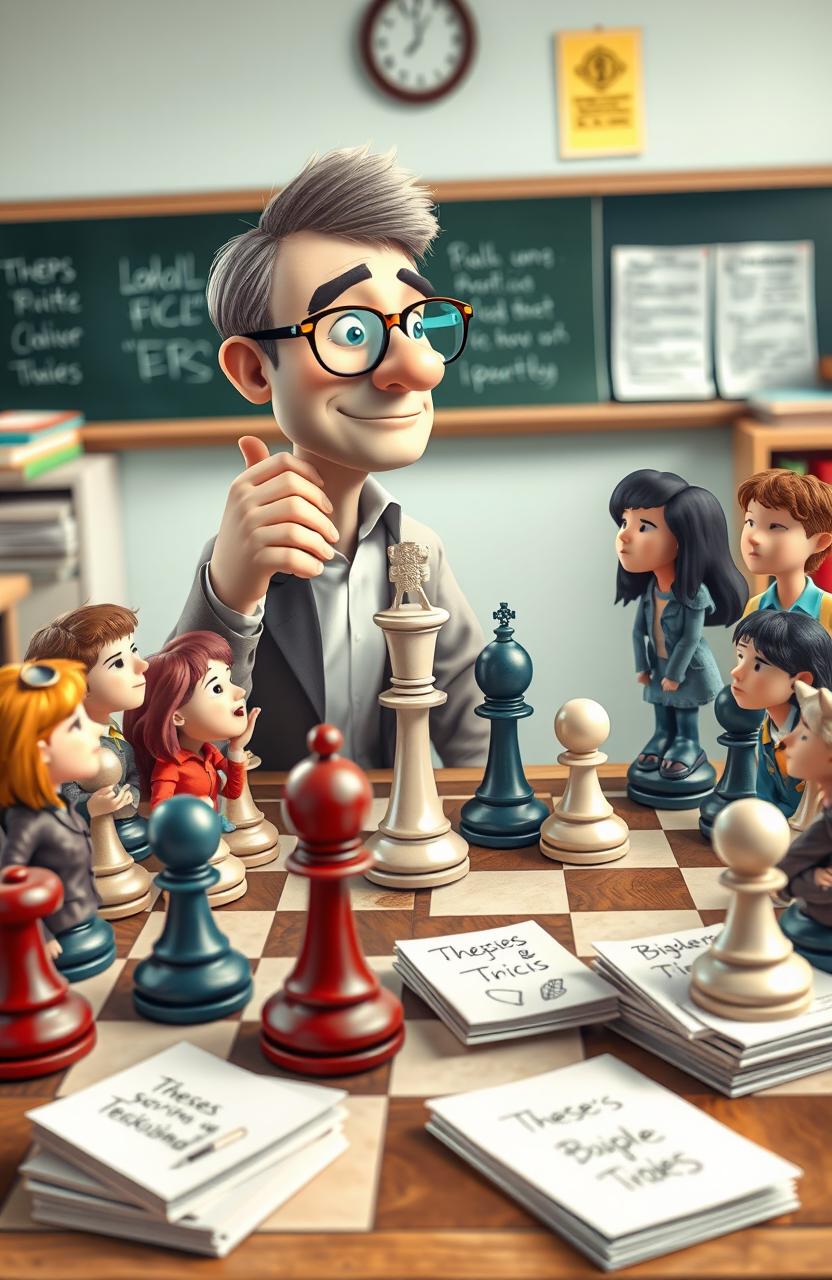 A whimsical chess game scene featuring a chessboard where the pieces are represented by a teacher as a king, students of both sexes as pawns and knights, and several theses symbolizing the bishops and rooks